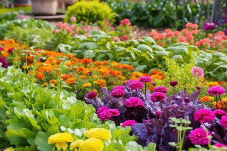 close-up of colorful flower garden with vegetable patches in the background, created with generative aiの素材