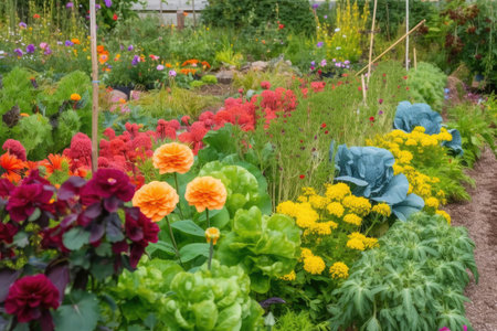 close-up of colorful flower garden with vegetable patches in the background, created with generative aiの素材