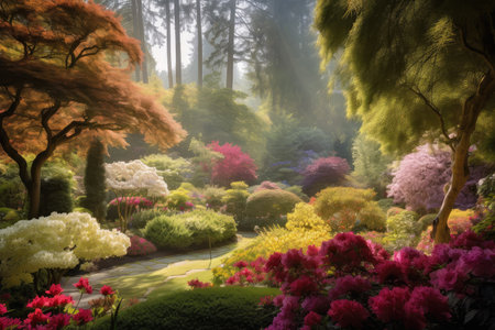 a breathtaking view of a garden, with blooming flowers and towering trees, created with generative aiの素材