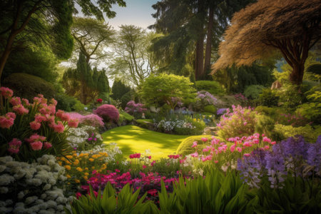 a breathtaking view of a garden, with blooming flowers and towering trees, created with generative aiの素材