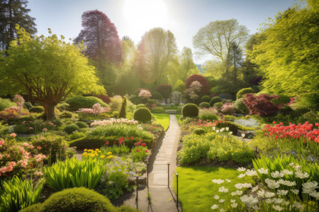 a breathtaking view of a garden, with blooming flowers and towering trees, created with generative aiの素材