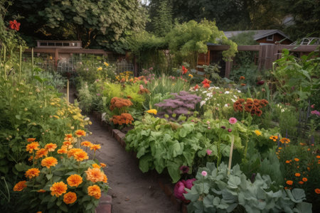 a lush and colorful flower bed next to a vegetable garden, created with generative aiの素材