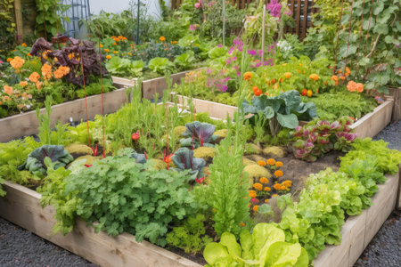 a colourful flower bed with various vegetables and herbs growing in a modern backyard, created with generative aiの素材