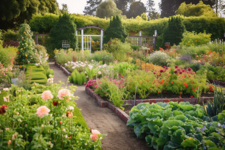 a flourishing vegetable garden, surrounded by colorful and fragrant flower beds, created with generative aiの素材