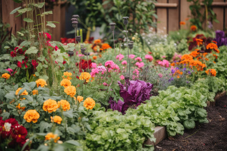 flower bed filled with colorful blooms and vegetables growing nearby, created with generative aiの素材