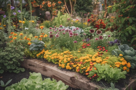 flower bed filled with colorful blooms and vegetables growing nearby, created with generative aiの素材
