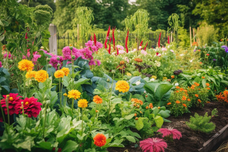 flower bed filled with vibrant blooms and vegetables growing in the background, created with generative aiの素材