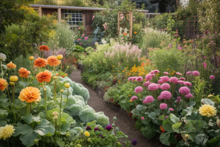 a flower bed overflowing with blooms, surrounded by lush greenery and vegetable patches, created with generative aiの素材