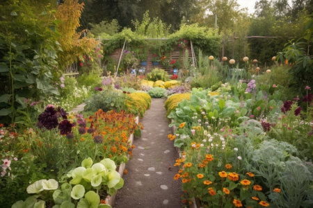 a flower bed overflowing with blooms, surrounded by lush greenery and vegetable patches, created with generative aiの素材