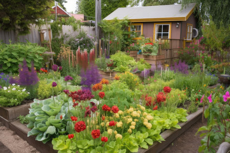 cottage garden with colorful flowers, herbs, and vegetables, created with generative aiの素材