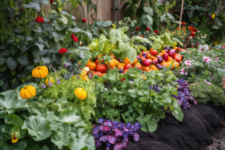 close-up of flowerbed with vibrant blooms and fruits, created with generative aiの素材