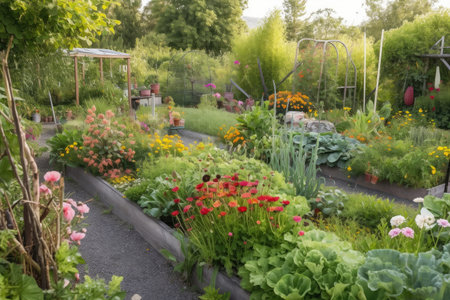 flower bed surrounded by vegetable patches and fruit trees, created with generative aiの素材