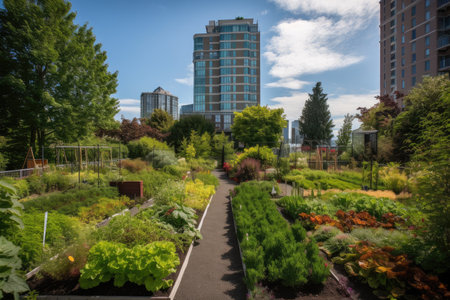 high-rise apartment with view of park, featuring flower beds and vegetable gardens, created with generative aiの素材