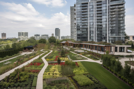 high-rise apartment with view of park, featuring flower beds and vegetable gardens, created with generative aiの素材