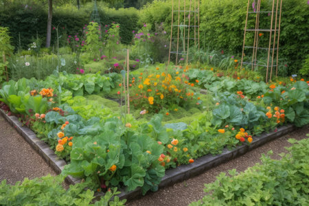 floral bed surrounded by rows of vegetables and herbs, with trellis for climbing plants, created with generative aiの素材