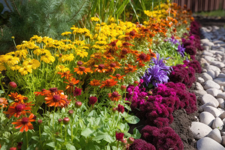close-up of a colorful flower bed with freshly pulled weeds, created with generative aiの素材