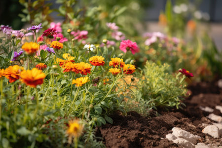 close-up of a colorful flower bed with freshly pulled weeds, created with generative aiの素材