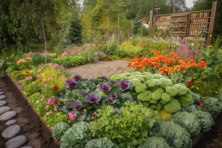 beautiful and lush flowerbed, surrounded by freshly harvested vegetables, created with generative aiの素材