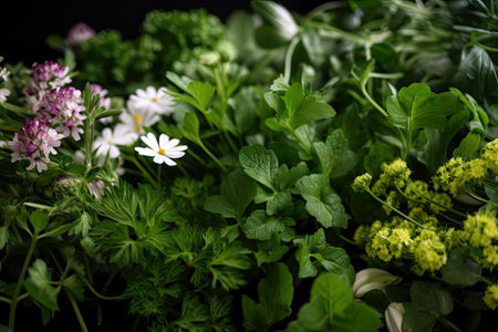 close-up of fresh herbs, with their green leaves and delicate blossoms in full view, created with generative aiの素材