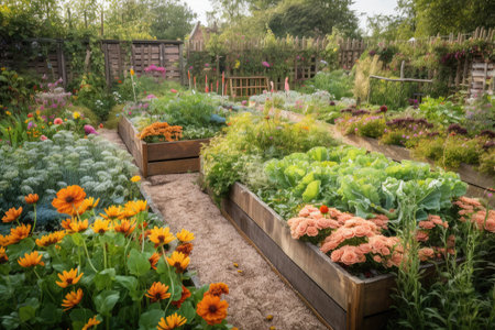 beautiful flower bed with vegetable garden in the background, created with generative aiの素材
