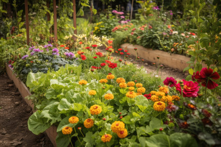 beautiful flower bed with vegetable garden in the background, created with generative aiの素材