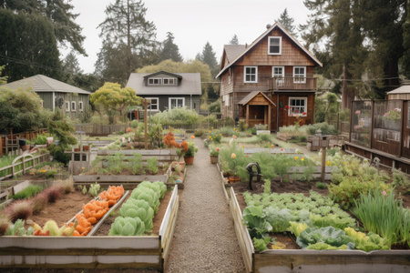 backyard with flower beds, vegetable patches, and chicken coop, created with generative aiの素材