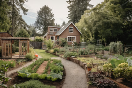 backyard with flower beds, vegetable patches, and chicken coop, created with generative aiの素材