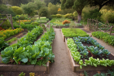 organic vegetable garden, with straight rows of heirloom vegetables and herbs, created with generative aiの素材