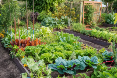 vegetable garden with variety of leafy greens and colorful vegetables, created with generative aiの素材
