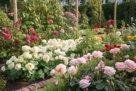 flower bed filled with pink and white roses, surrounded by vegetables, created with generative aiの素材