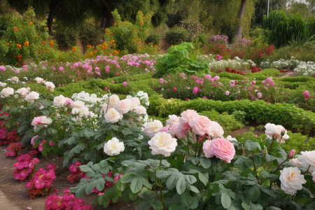 flower bed filled with pink and white roses, surrounded by vegetables, created with generative aiの素材