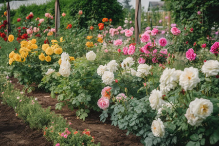 flower bed filled with pink and white roses, surrounded by vegetables, created with generative aiの素材