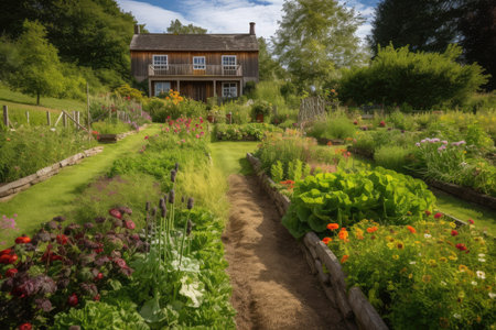 summertime, with vegetable patches bursting with fresh produce and flower beds in full bloom, created with generative aiの素材