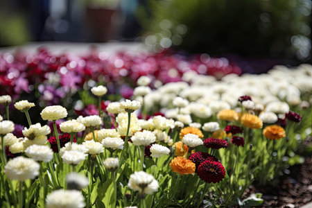 close-up of a flower bed, with individual flowers in focus, created with generative aiの素材
