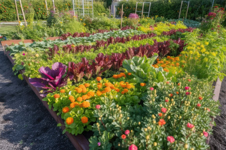 flower beds and vegetable patches filled with seasonal blooms and fresh veggies, created with generative aiの素材