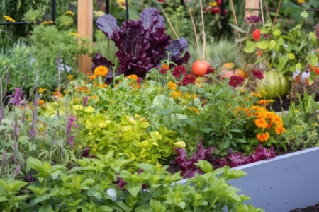 close-up of colorful vegetable garden, with herbs and flowers in the background, created with generative aiの素材