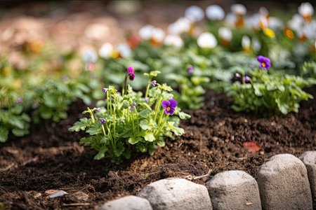 close-up of freshly planted flower bed with blooming seedlings, created with generative aiの素材