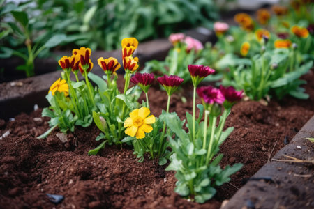 close-up of freshly planted flower bed with blooming seedlings, created with generative aiの素材