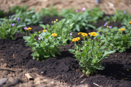 close-up of freshly planted flower bed with blooming seedlings, created with generative aiの素材