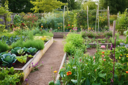 flower beds and vegetable patches in cottage garden setting, created with generative aiの素材
