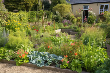 flower beds and vegetable patches in cottage garden setting, created with generative aiの素材