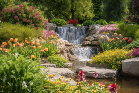 a tranquil and serene flower bed, with a peaceful waterfall in the background, created with generative aiの素材