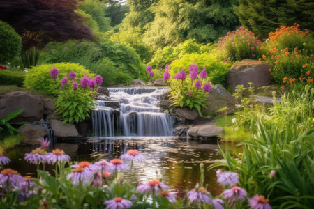 a tranquil and serene flower bed, with a peaceful waterfall in the background, created with generative aiの素材