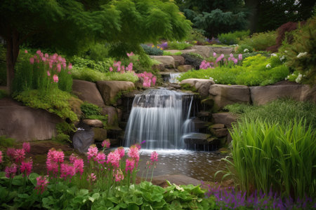 a tranquil and serene flower bed, with a peaceful waterfall in the background, created with generative aiの素材