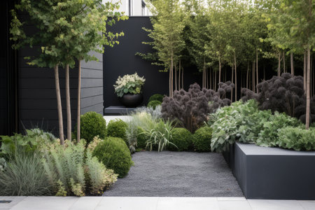 modern garden with contemporary planting and styling, created with generative aiの素材