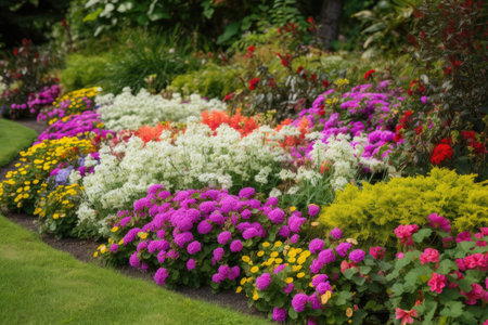 flower bed overflowing with colorful blooms, surrounded by lush greenery, created with generative aiの素材