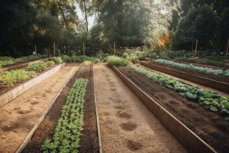vegetable patch with rows of freshly planted seeds, created with generative aiの素材