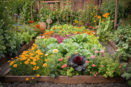 flower bed filled with vibrant blooms, surrounded by vegetable patches, created with generative aiの素材