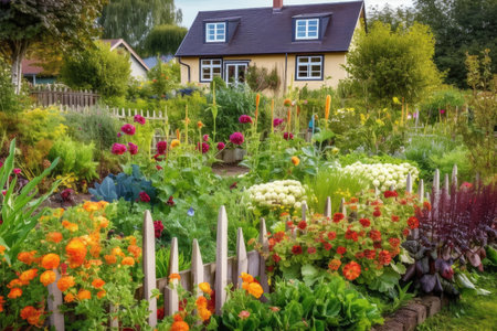 cottage garden with vegetable patches and colorful flower beds, created with generative aiの素材