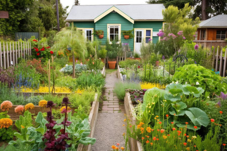 cottage garden with vegetable patches and colorful flower beds, created with generative aiの素材